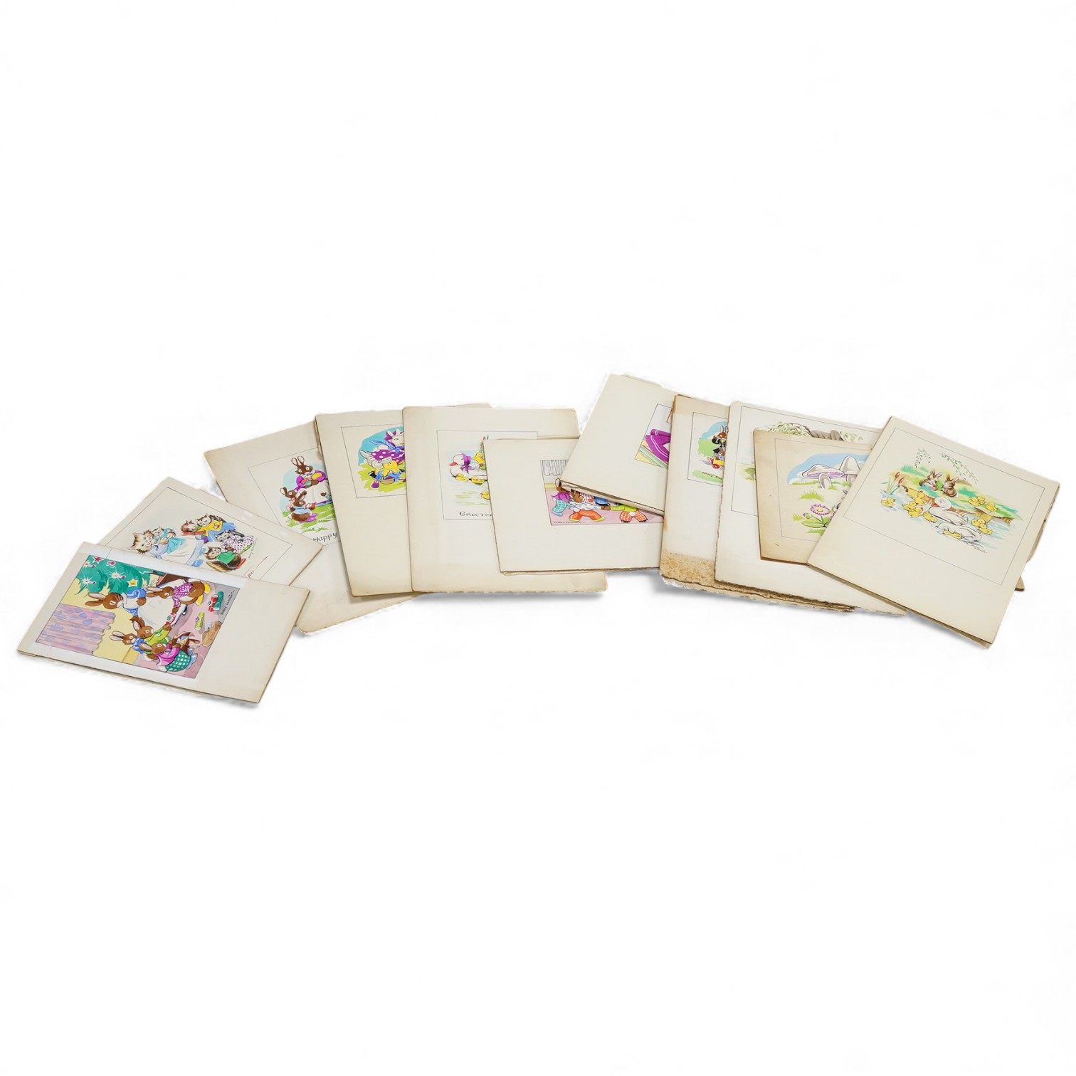 Peggy Rushton Byrom (20th. C), Set of twelve original watercolours for childrens' postcards to include, Rabbits beneath a Christmas tree and other comical animal designs, each signed or inscribed, largest 27 x 19cm